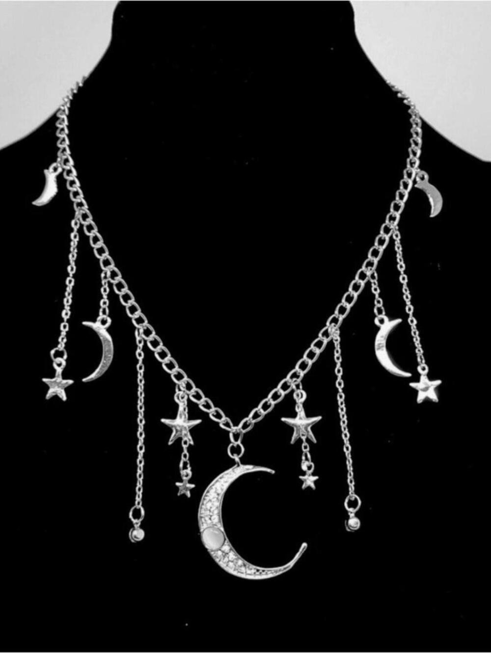 Silver Crescent Moon Star Necklace